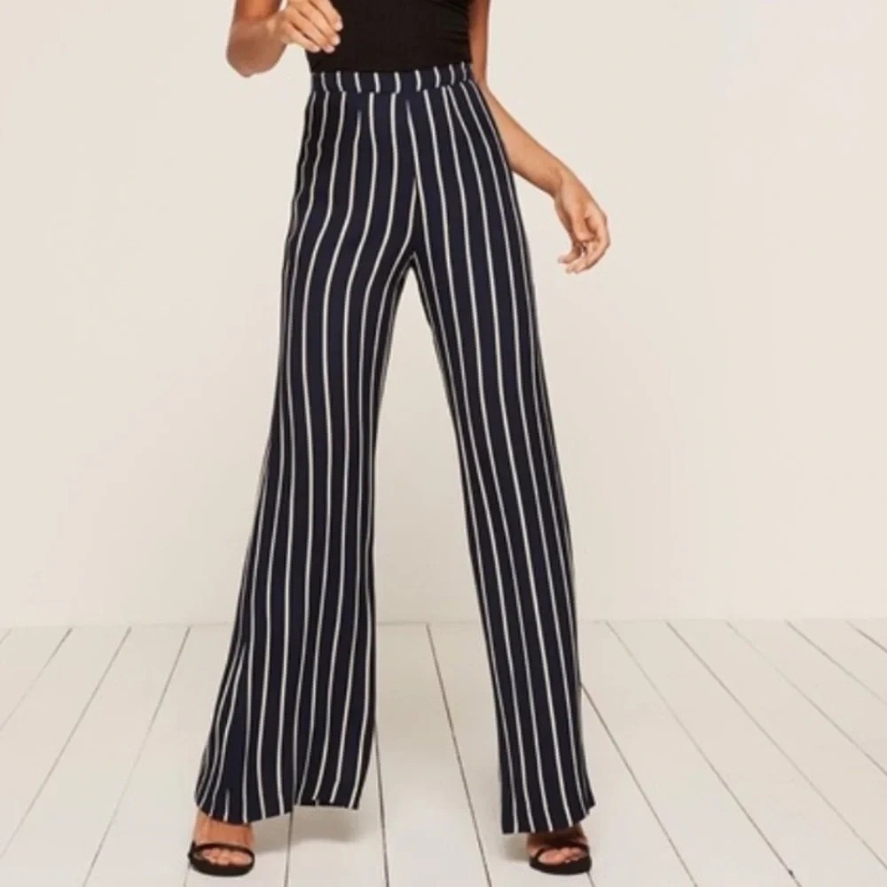 Reformation Sorrenti Wide Leg Palazzo Pants in‎ Navy Striped Women 25 NWOT